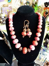 Chunky graduated rhodonite beads with copper findings, matching earrings